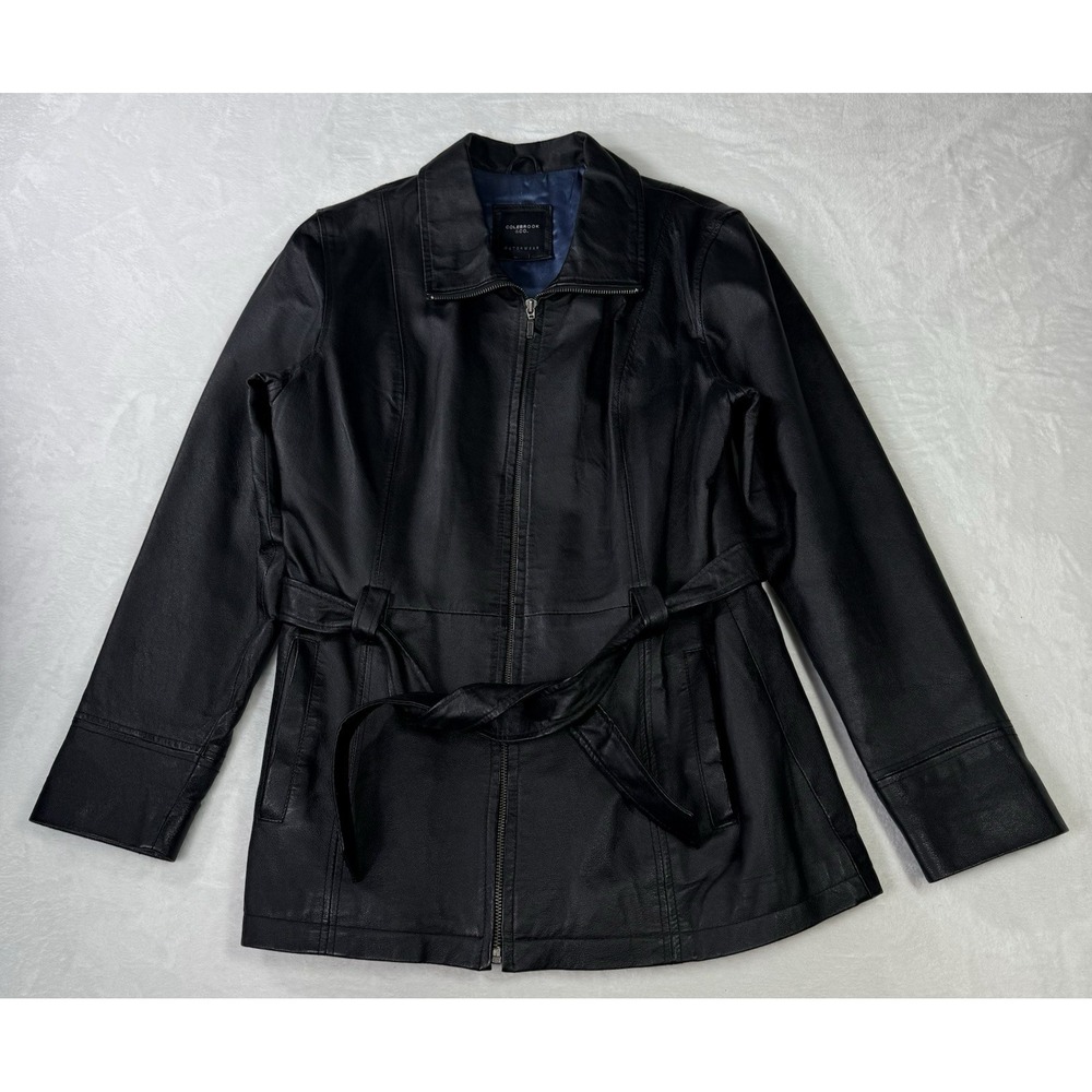 Vintage‎ Colebrook & Co Leather Jacket Women Medium Black Lined Coat Belt Y2K